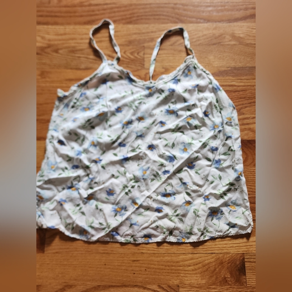 Floral Spaghetti Strap Cami Tank Top - White with Blue Floral